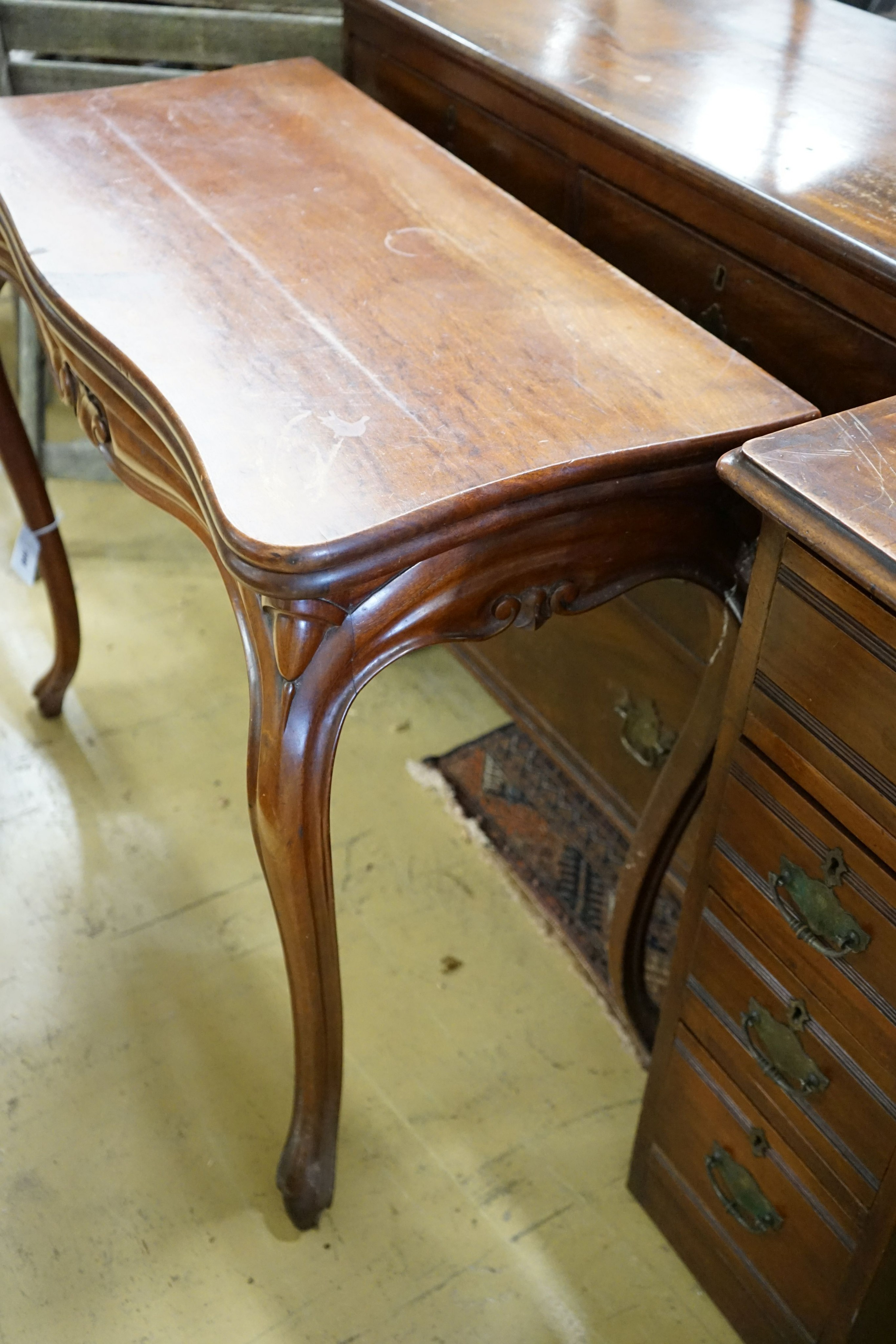 A mahogany French folding card table, width 84cm, depth 43cm, height 75cm